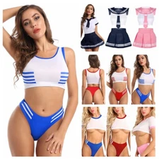 Womens Japanese Schoolgirl Nightwear Bodysuit Crop Top Crotchless Briefs Outfit