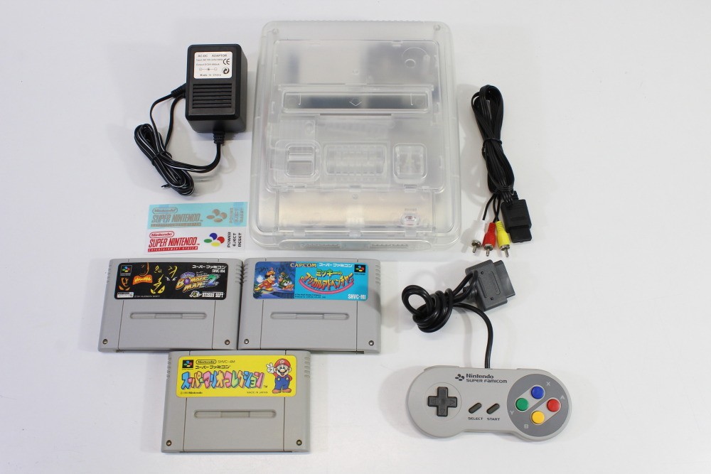 Nintendo Super Famicom Clear White Console Cont x1 Game x3 PLAY