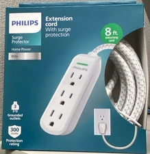 Philips Elite 3-Outlet Surge Protector w/ 8ft Braided Extension Cord , White