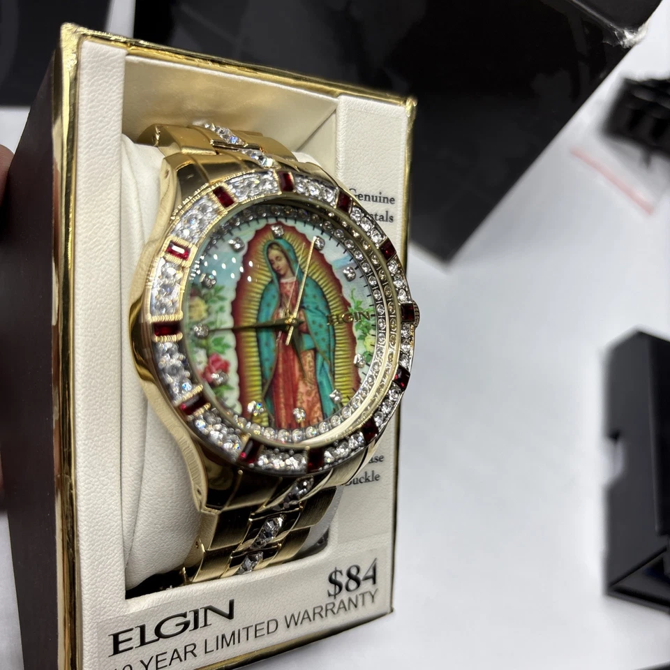 Relógio masculino Lady of Guadalupe mostrador gráfico cristal acentuado tom dourado - Imagem 3 de 4