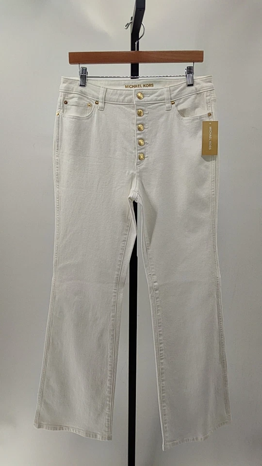 Michael Kors Hi-Rise Bttn Front Fl Optic White Pants 10