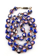 Vintage Cobalt Blue Glass Bead Necklace 22" Hand Knotted Floral