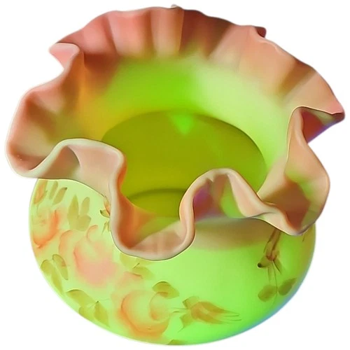 Fenton Burmese Pink Glass Ruffled Edge Vase Glows Vintage