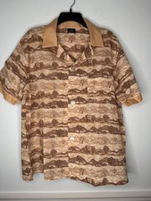 Vintage Sears Mens Store Button Up Shirt Large Brown Perma Prest Trees Landscape