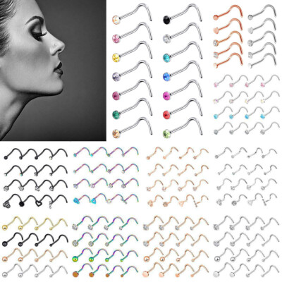 5-16PCS Nose Stud Surgical Steel Nose Ring Earring CZ Screw Bar Lip Piercing 20G