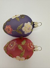 Easter Egg Shaped Hand Blown Glass Ornaments Glitter Sequins Hand Painted 2