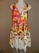 Dressbarn M 8 olive green pink Ivory white floral empire full skirt tea dress LN