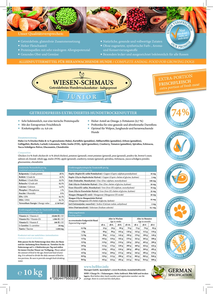 Bellfor Hundefutter Trocken Getreidefrei Kaltgepresst Welpen Hunde mit Huhn 30kg - Bild 4 von 4