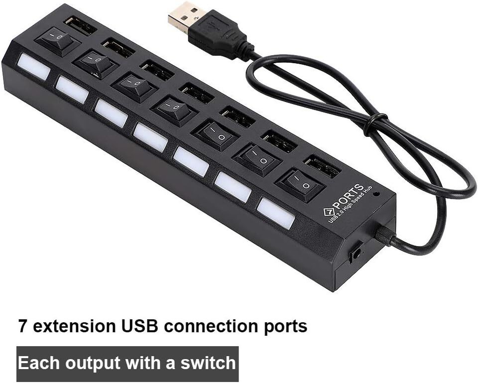 USB Hub 7 Port On/Off Switch High Speed Splitter AC Adapter Cable PC ...