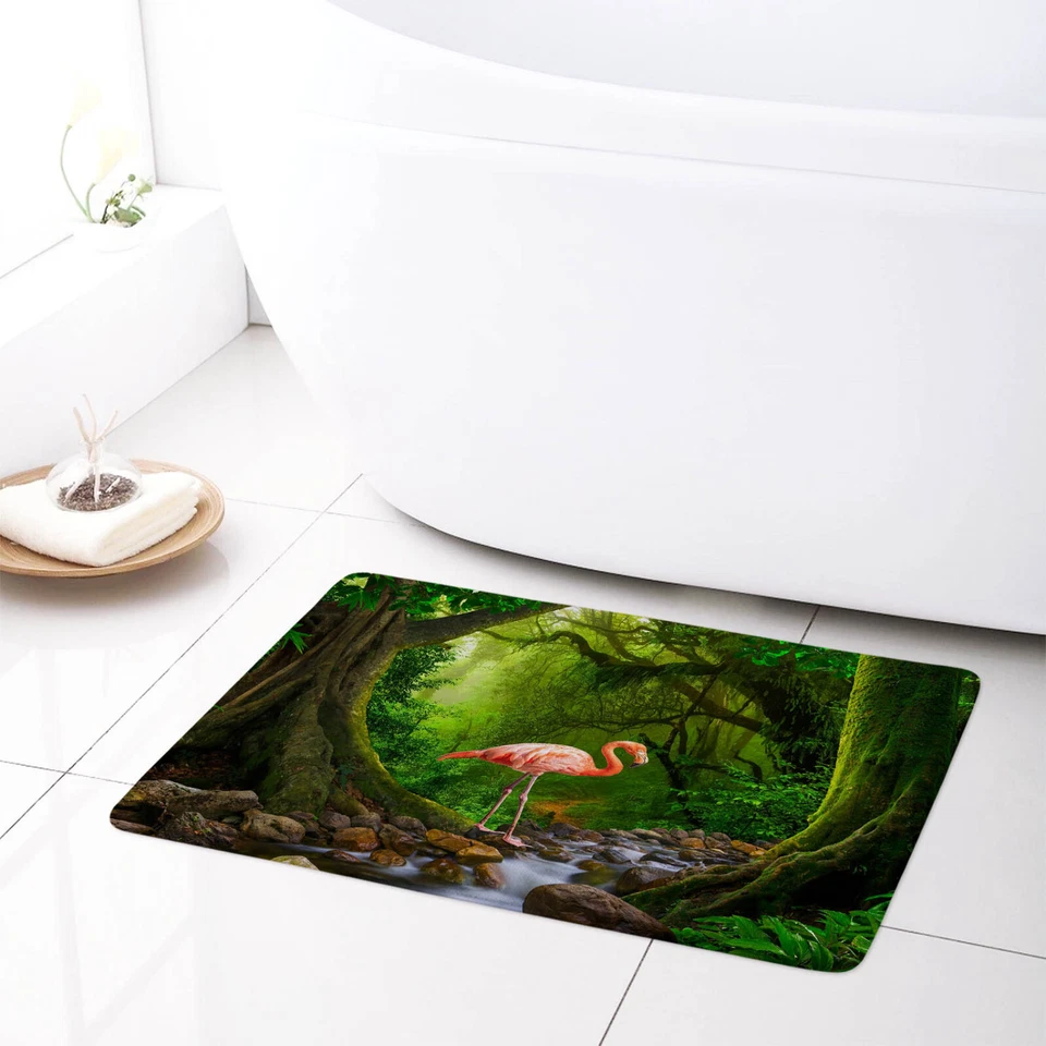 Green Tropical Rainforest Pink Flamingo Shower Curtain Set for Bathroom Decor - Image 3 of 4