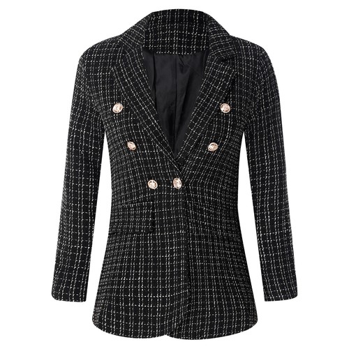 Women's Tweed Blazer Jacket Open Front Casual Work Office Coat with Fake Pockets - Picture 23 of 47