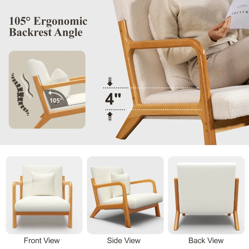 НОВЫЙ Акцентный Стул Середина Века Современный Стул с Подушкой Кресло Твердая Деревянная Рама - Изображение 4 из 4