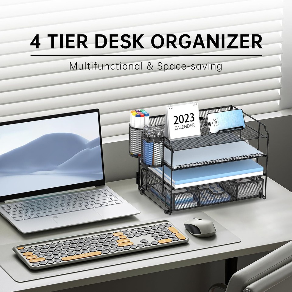 Mesh Desk Organizer, 4 Tier Paper Letter Tray Organizer, Desktop