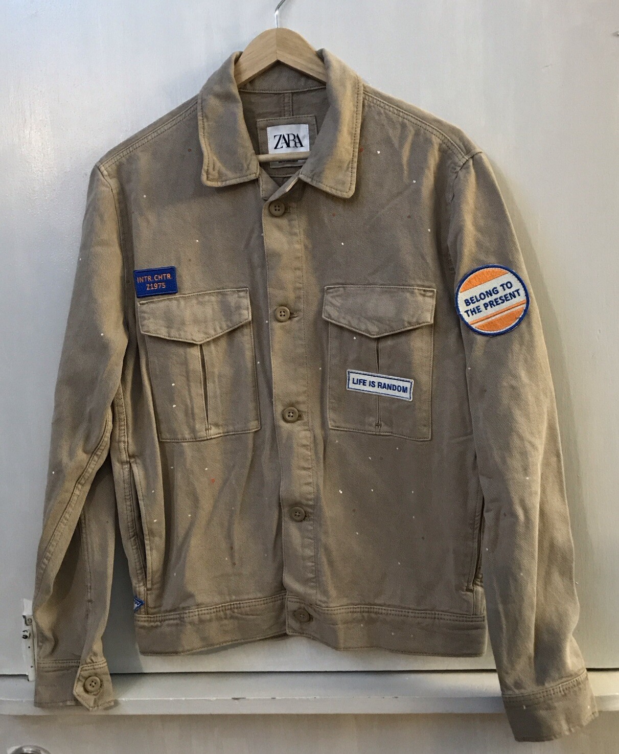 Zara Paint Drop Denim Jacket Artist Life Is Random Unisex Shacket RARE Size S