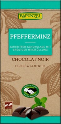 eine 100g Tafel Bio Zartbitterschokolade mit Pfefferminzfüllung Rapunzel