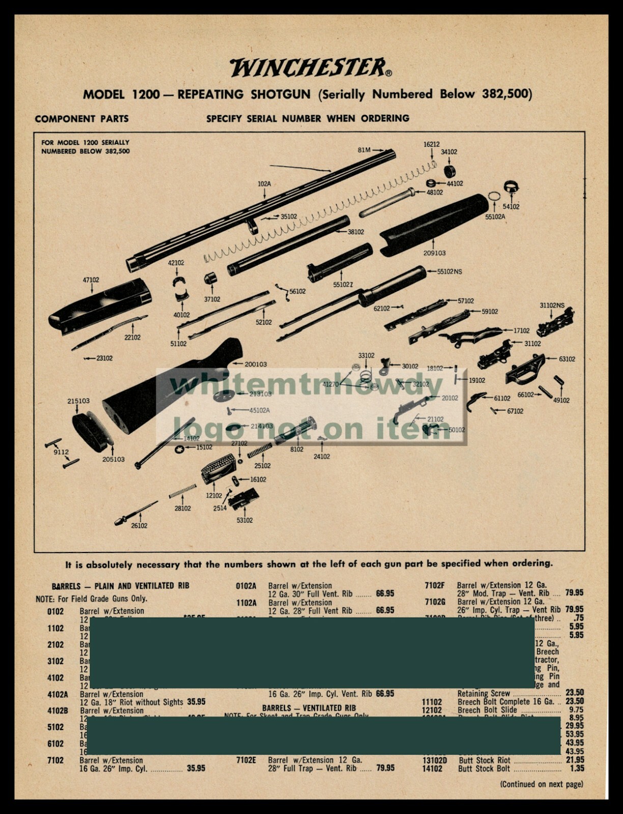 1970 WINCHESTER Model 1400 s below 4000,000 Shotgun 3pg Schematic