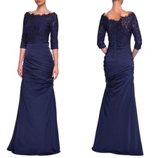 NEW LA FEMME Navy SPARKLE LACE Satin Scallop RUCHED Evening Dress TRUMPET GOWN 8