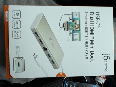J5create Mini Laptop Dock USB-C, Dual HDMI, Ethernet, USB 3.1, HUB/PD2.0, JCD381