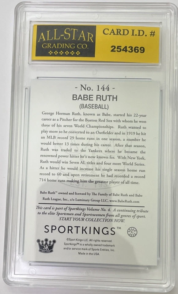 BABE RUTH 2023 Sportkings Vol 4 SP Blue Purple Variation HOF #144 ASG 10 MINT #7 - Image 2 of 2