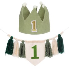1st Birthday Decorations, One Green Tassel Banner and Green Crown Hat
