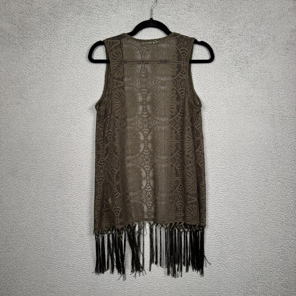 Chaleco Maurices Mujer S Verde Oliva Crochet Flecos Frente Abierto Hippie Festival Y2K Foto 3 de 4