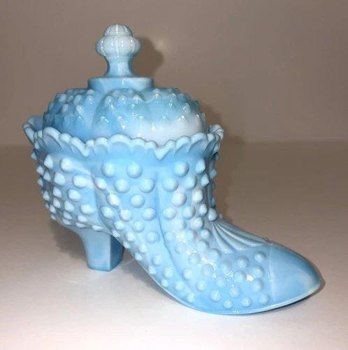 Fenton Blue Hobnail Shoe with Lid - Decorative Art Glass & Candy Dish