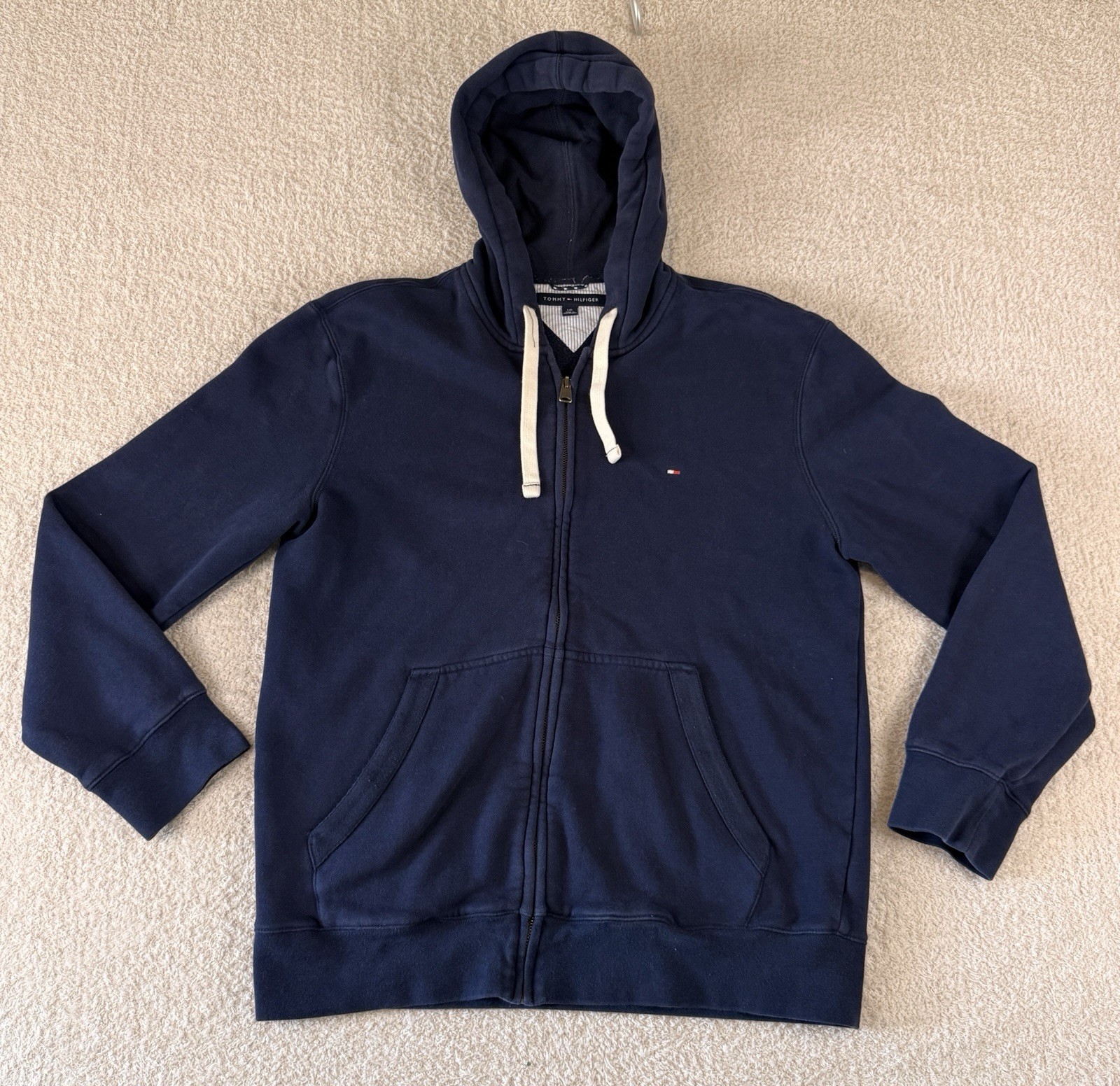 Tommy Hilfiger Men's Large Blue Fleece Full Zip Hoodie - Stylish Comfort