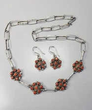 Native American Necklace Wire Earring Set Sterling Silver Coral Snake Eye Zuni