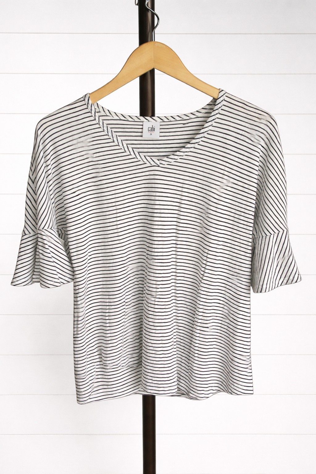Cabi Shirt Womens Sz M Black White Striped Skipper Tee Bell Sleeve Style 5558