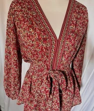 Max Studio Women's Large Dark Floral V Neck Tie Waist Smocked Top Blouse Boho