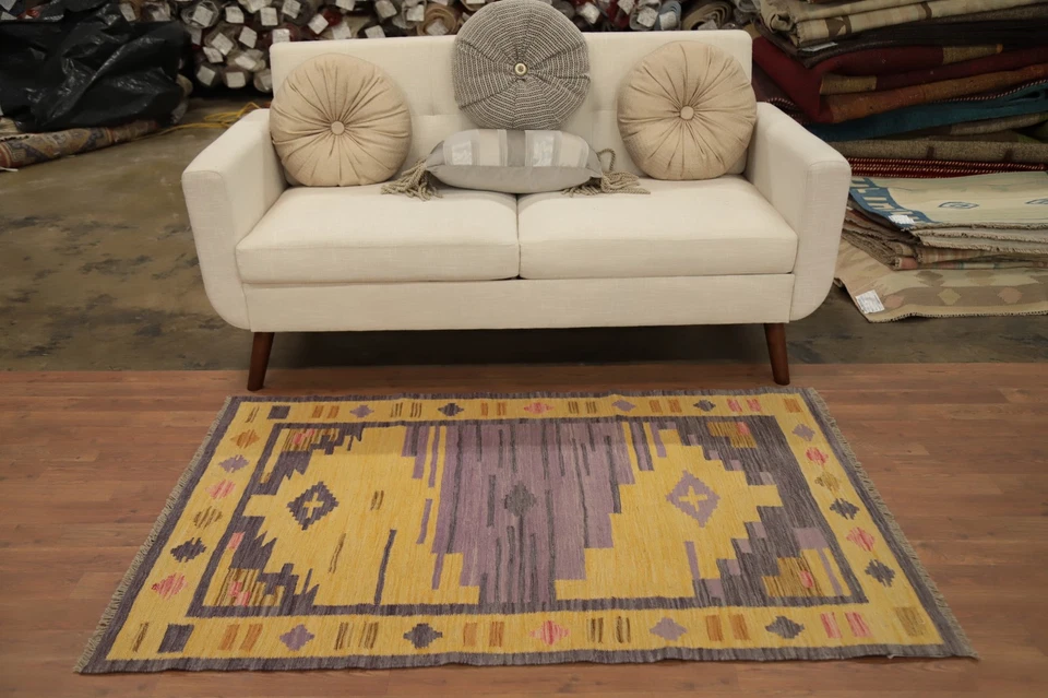 Alfombra Kilim Dorada/Púrpura 3x5 Tinte Vegetal Geométrica Lana Tribal Alfombra Foto 3 de 4