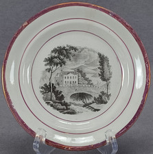 Antique English Pink Luster Black Bat Print House Trees 6 1/2 Inch Plate C1820 B