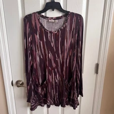 LOGO Lori Goldstein Purple Abstract Print Tunic Top Pockets Long Sleeve M