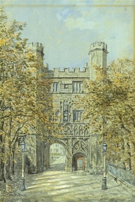 Claude Hulke - Aquarell Gemälde - Das Tor des Trinity College Cambridge