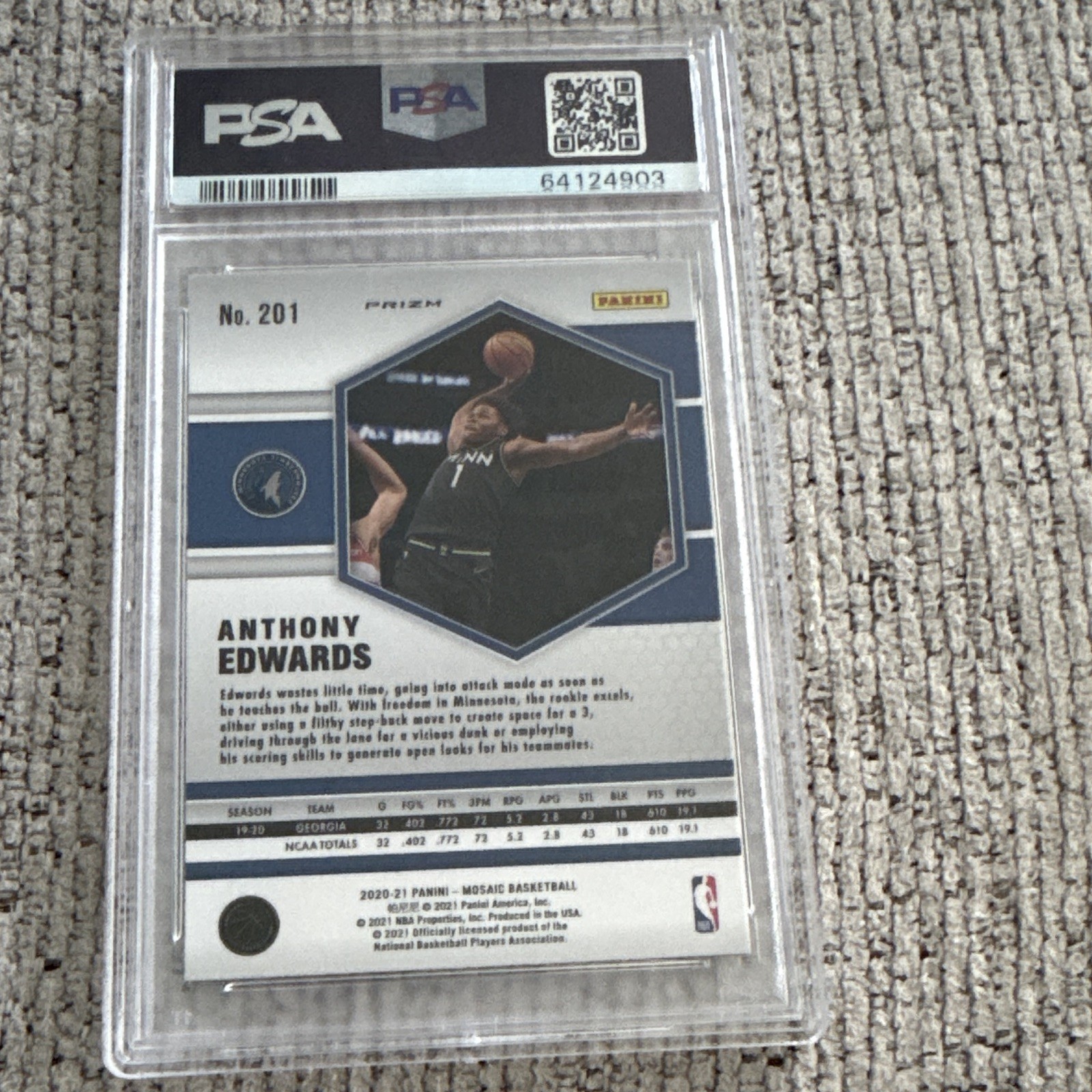 Panini 2020-21 Mosaic Anthony Edwards #201 Reactive Orange RC PSA 10 view 2