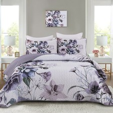 Purple Floral Quilt Set Queen 3pc Lightweight Bedspread 90x96 All Season Soft