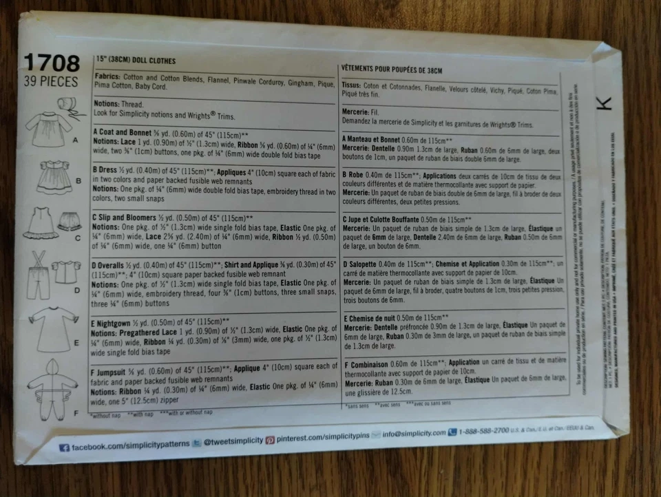 1708 Simplicity, FF, Sewing Pattern for 15 inch Doll Clothes, 2014, New - Image 2 of 4