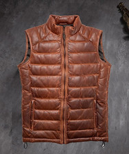Mens Leather Puffer Vest Gilet Jacket Distressed Brown Down Waistcoat All Size
