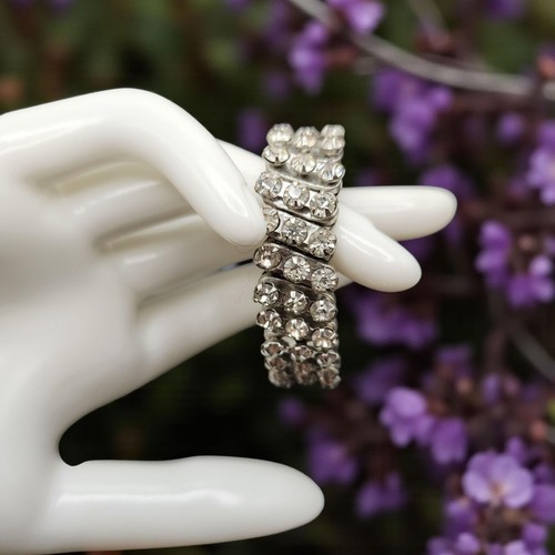 Vintage Rhinestone Stretch Bracelet Mid-Century Silver Tone Cocktail Jewelry