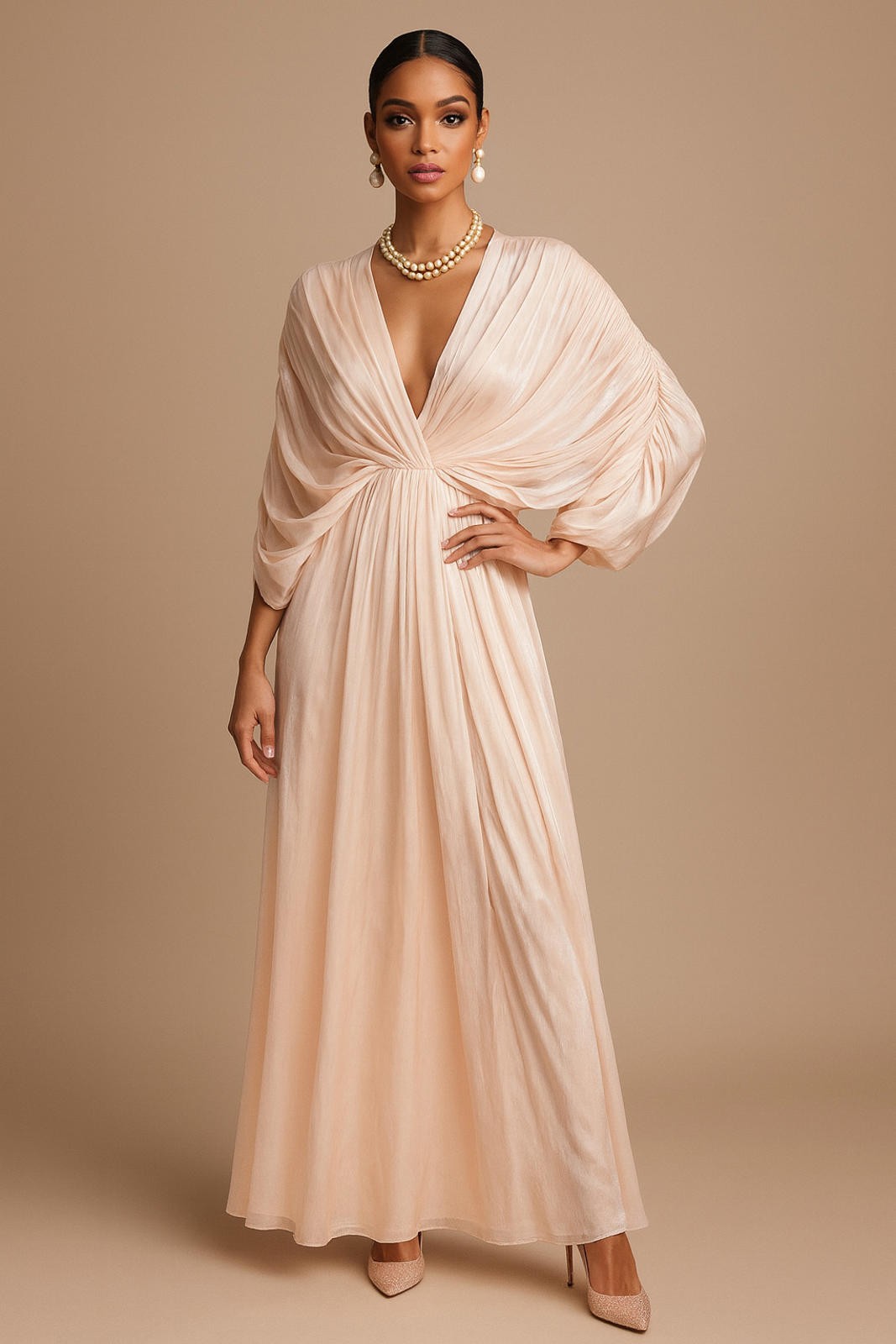 $990 Badgley Mischka Draped Dolman Sleeve Chiffon Gown Modest Champagne sz 4 NWT