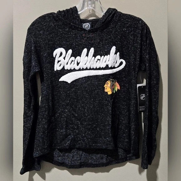 Chicago Blackhawks Heather Black Embroidered Super Soft Hooded Tee - Large 10/12 - Image 2 of 4
