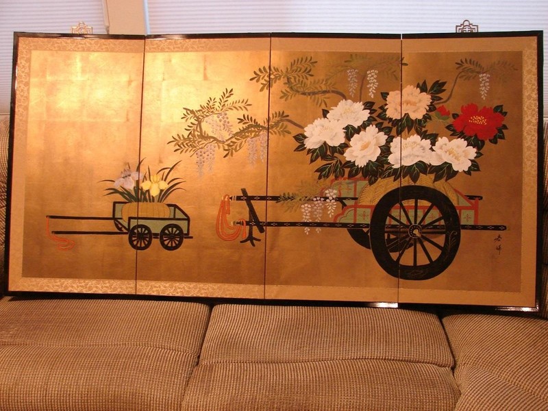 Antique Signed Byobu Japanese 4Panel Folding Screen w/Flower Carts Painting