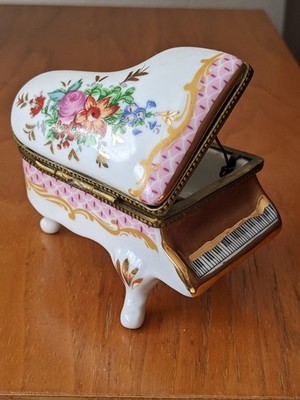 Limoges Hand-painted Porcelain Grand Piano Trinket Box Floral