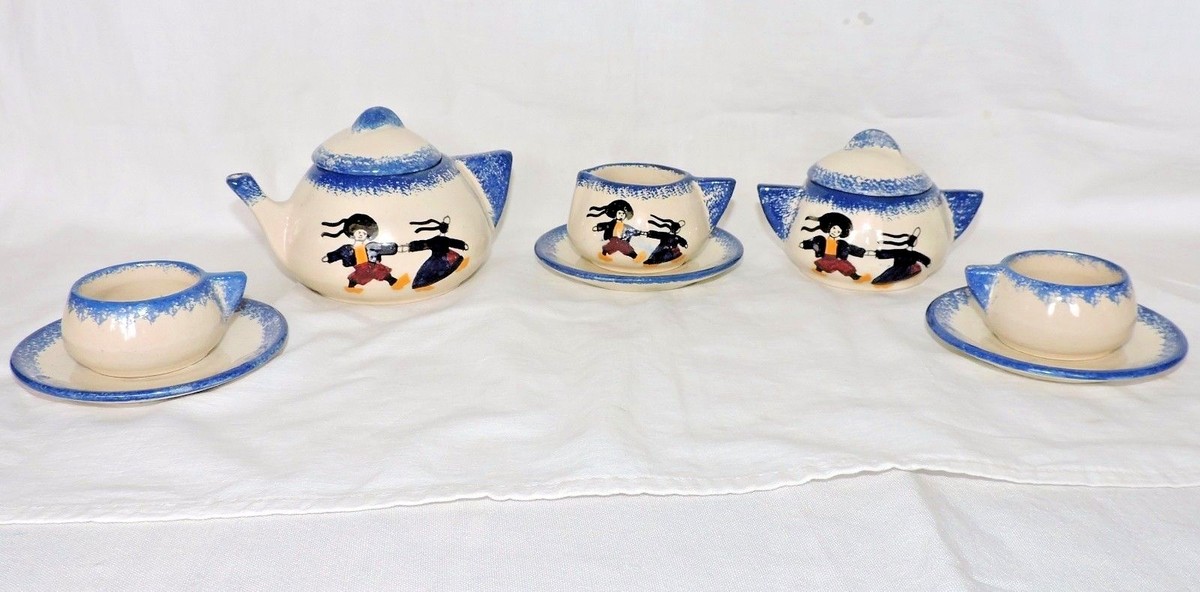 Dinette Miniature En Faïence De Quimper - Décor Breton Pour Poupée (état Parfait)