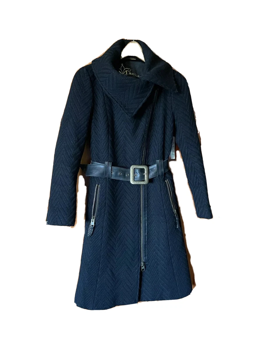 MACKAGE COAT WOOL LEATHER TRIM BELTED JACKET ZIPPER BLACK SIZE XS