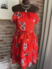 New White House Black Market Red Floral Strapless Teired Ruffle Chiffon Dress 8