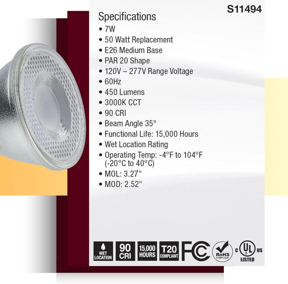 SATCO S11494 - 7 Watt Econo PAR20 LED BULB - 3000K - Silver Finish (6 Pack) - Image 2 of 4