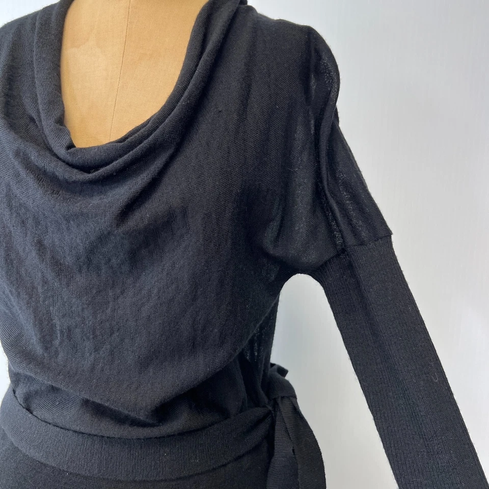 Qi Dress Women Small Wool Belt Tie Cowl Neck Rib Sheer Casual Work Party Core Go - Image 3 of 4