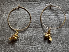 Yellow Gold Hoop Earrings with Dangling Bee