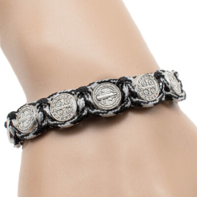 Black And Gray Saint St Benedict Bracelet 8'' Adjustable Cord 10 Silver Medals